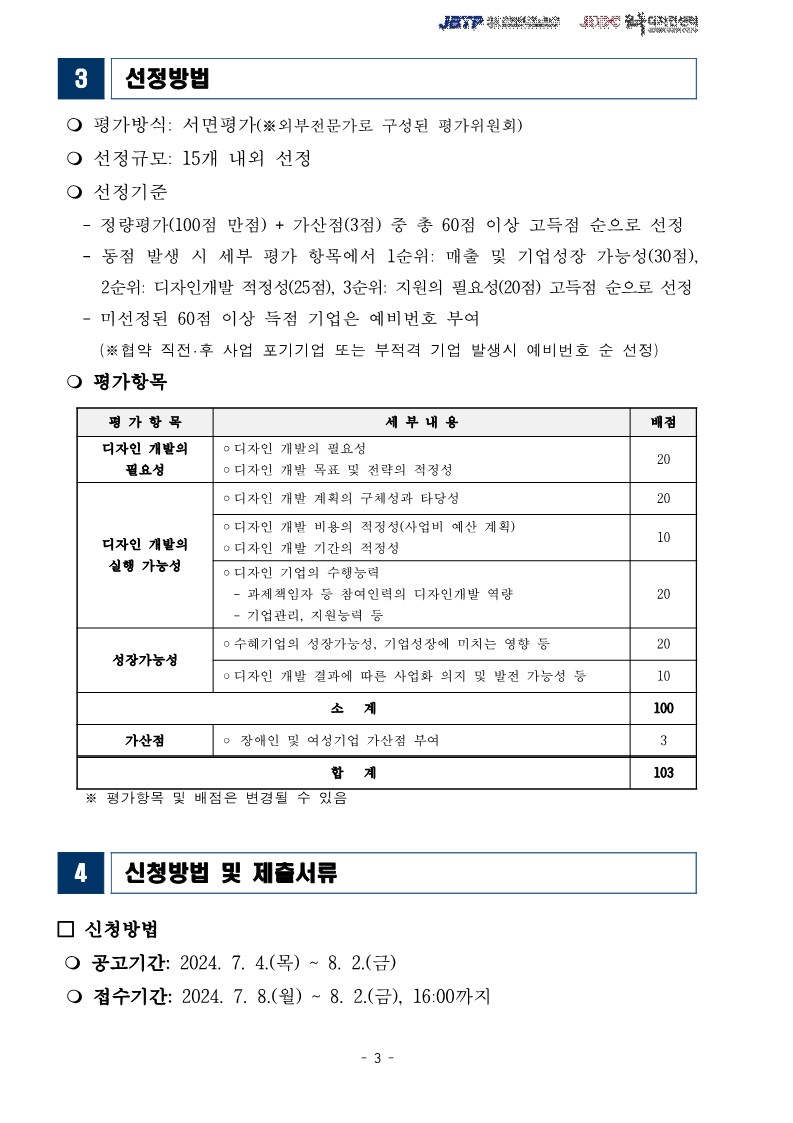 3 선정방법 / ○ 평가방식: 서면평가(외부전문가로 구성된 평가위원회) / ○ 선정규모: 15개 내외 선정 / ᄋ 선정기준 / 정량평가(100점 만점)+ 가산점(3점) 중 총 60점 이상 고득점 순으로 선정 -동점 발생 시 세부 평가 항목에서 1순위: 매출 및 기업성장 가능성(30점),2순위 : 디자인개발 적정성(25점), 3순위: 지원의 필요성(20점) 고득점 순으로 선정 -미선정된 60점 이상 득점 기업은 예비번호 부여 (※협약 직전.후 사업 포기기업 또는 부적격 기업 발생시 예비번호 순 선정) / ○ 평가항목 / 평가항목,세부내용,배점 목록 / 디자인 개발의 필요성, ᄋ 디자인 개발의 필요성 ᆞ디자인 개발 목표 및 전략의 적정성,20 / 디자인 개발의 실행 가능성, ᆞ디자인 개발 계획의 구체성과 타당성,20 / ᄋ 디자인 개발 비용의 적정성(사업비 예산 계획) ○디자인 개발 기간의 적정성, 10 / 디자인 기업의 수행능력 -과제책임자 등 참여인력의 디자인개발 역량 -기업관리, 지원능력 등, 20 / 성장가능성, ᄋ수혜기업의 성장가능성, 기업성장에 미치는 영향 등,20 / ·디자인 개발 결과에 따른 사업화 의지 및 발전 가능성 등, 10 / 소 계, 100 / 가산점, ○ 장애인 및 여성기업 가산점 부여, 3 / 합계, 103 / ※평가항목 및 배점은 변경될 수 있음 / 4신청방법 및 제출서류 / □ 신청방법 / ᄋ 공고기간 2024. 7. 4.(목) - 8. 2.(금) / ○ 접수기간 2024. 7. 8.(월) ~ 8. 2.(금), 16:00까지