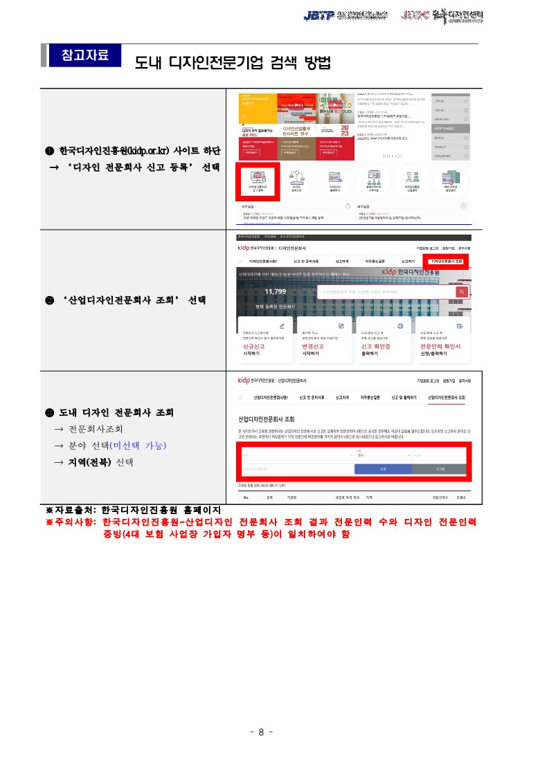 참고자료 / 도내 디자인전문기업 검색 방법 / 한국디자인진흥원(kidp.or.kr) 사이트 하단 → '디자인 전문회사 신고 등록' 선택 / '산업디자인전문회사 조회' 선택 / 도내 디자인 전문회사 조회 →전문회사조회 →분야 선택(미선택 가능) →지역(전북) 선택 / ※자료출처: 한국디자인진흥원 홈페이지 / ※주의사항: 한국디자인진흥원-산업디자인 전문회사 조회 결과 전문인력 수와 디자인 전문인력 증빙(4대 보험 사업장 가입자 명부 등)이 일치하여야 함
