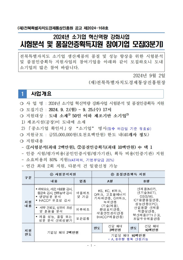 (재)전북특별자치도경제통상진흥원 공고 제2024-168호 / 2024년 소기업 혁신역량 강화사업 시험분석 및 품질인증획득지원 참여기업 모집[3분기] / 전북특별자치도 소기업 생산제품의 품질 및 성능 향상을 위한 시험분석 및 품질인증획득 지원사업의 참여기업을 아래와 같이 모집하오니 도내 소기업의 많은 참여 바랍니다. / 2024년 9월 2일 (재)전북특별자치도경제통상진흥원장 / 1 사업개요 / ○ 사업명 : 2024년 소기업 혁신역량 강화사업 시험분석 및 품질인증획득 지원 / ○ 모집기간: 2024. 9. 2.(월) ~ 9. 25.(수) 17시 / ○ 지원대상: 도내 소재 50인 이하 제조기반 소기업 / 1) 제조시설(공장)이 도내에 소재 / 2) 「중소기업 확인서」상