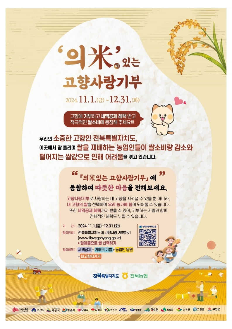 '의米(미) 있는 고향사랑기부'라는 타이틀과 함께, 전북특별자치도에서 쌀 소비 촉진을 위해 고향사랑기부제를 통한 기부와 세액공제 혜택에 동참해 달라는 내용이 담겨 있습니다.  고향을 위해 기부하고 세액공제 혜택을 받을 수 있는 방법을 제시하며, 쌀 소비 감소로 어려움을 겪고 있는 농업인들을 돕기 위한 취지를 강조합니다. 또한, 기부 참여 시 기부자의 따뜻한 마음을 전할 수 있으며, 경제적 혜택도 누릴 수 있다고 안내하고 있습니다.  하단에는 행사 기간, 참여 방법, 답례품으로 제공되는 쌀 선택 안내와 함께 QR 코드가 배치되어 있습니다. 배경에는 농촌 풍경을 배경으로 주민들이 쌀을 수확하는 모습이 묘사되어 있습니다.