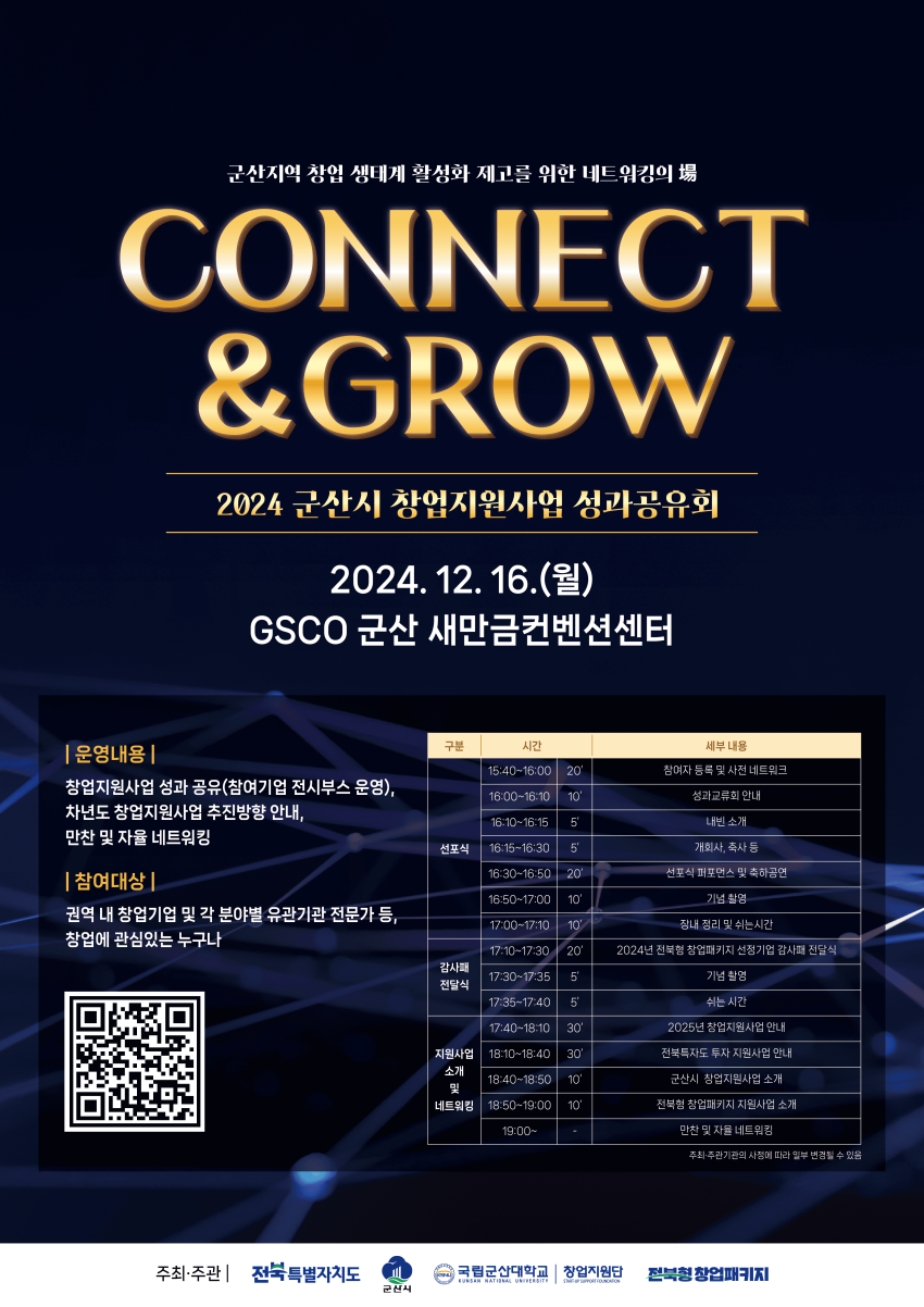 군산지역 창업 생태계 활성화 제고를 위한 네트워킹의 장 CONNECT & GROW 2024 군산시 창업지원사업 성과공유회  일시: 2024년 12월 16일 (월) 장소: GSCO 군산 새만금컨벤션센터  운영 내용:  창업지원사업 성과 공유(참여기업 전시부스 운영) 차년도 창업지원사업 추진 방향 안내 만찬 및 자유 네트워킹 참여 대상:  권역 내 창업기업 및 각 분야별 유관기관 전문가 등 창업에 관심 있는 누구나 프로그램 일정  15:40~16:00: 참가자 등록 및 사전 네트워크 16:00~16:10: 성과공유회 안내 및 내빈 소개 16:10~16:15: 개회사, 축사 16:15~16:30: 발표 - 성과발표 및 창업공유관, 기념촬영 16:30~16:50: 발표 - 차년도 추진 계획 안내 16:50~17:00: 휴식 17:00~17:10: 감사패 전달식 - 2024년 전북형 창업패키지 성과기업 감사패 전달식, 기념촬영 17:10~17:35: 감사패 기업 소개 17:35~18:00: 발표 - 2025년 전북형 창업패키지 추진 계획 안내 18:00~18:40: 지원사업 소개 - 전북특별자치도 창업지원사업 소개 18:40~18:50: 폐회 19:00~: 만찬 및 자유 네트워킹 주최 및 주관: 전북특별자치도, 군산시, 국립군산대학교, 창업진흥원 협력: 전북형 창업패키지  포스터 하단에 QR 코드 삽입.