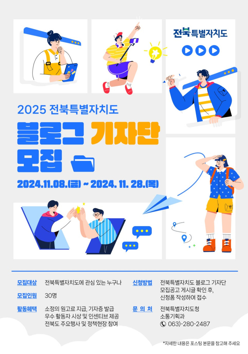 2025 전북특별자치도 블로그 기자단 모집 포스터로, 밝고 활기찬 색상과 일러스트 이미지로 구성되어 있습니다.  상단에는 기자단 활동을 상징하는 다양한 일러스트가 배치되어 있습니다. 왼쪽부터 태블릿을 보며 아이디어를 떠올리는 여성, 스마트폰으로 현장을 촬영하는 남성, 화면에서 나오며 소통하는 모습을 표현하는 남성, 지도와 목적지를 확인하는 여성 등의 이미지가 있습니다.  포스터 중앙에는 &#034;2025 전북특별자치도 블로그 기자단 모집&#034;이라는 큰 제목이 파란색과 주황색으로 강조되어 있고, 모집 기간인 2024년 11월 8일부터 11월 28일까지가 표시되어 있습니다.  하단에는 모집 정보가 표기되어 있습니다.  모집 대상: 전북특별자치도에 관심 있는 누구나 모집 인원: 30명 활동 혜택: 소정의 원고료 지급, 기자증 발급, 우수 활동자 시상 및 인센티브 제공, 전북도 주요 행사 및 정책 현장 참여 신청 방법: 전북특별자치도 블로그 기자단 모집공고 게시글 확인 후 신청폼 작성하여 접수 문의처: 전북특별자치도청 소통기획과, 전화번호 063-280-2487 가장 아래에는 자세한 내용은 포스터 본문을 참고해 달라는 문구가 작게 표기되어 있습니다.